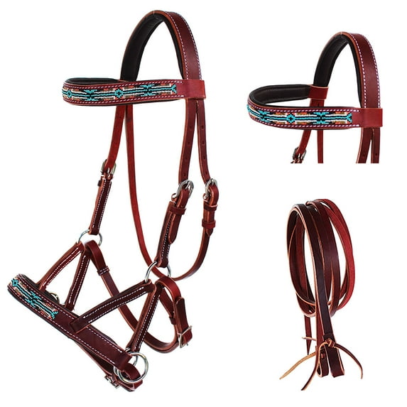 English Western Horse Leather Bitless Bridle Sidepull Halter Reins 77RS10MG-F