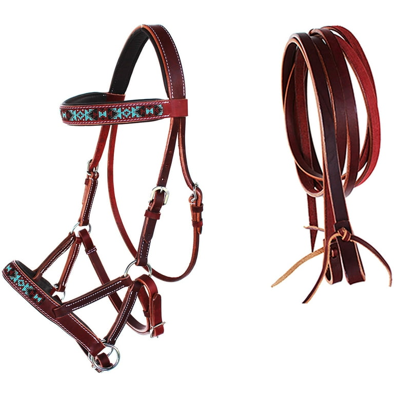 English Western Horse Leather Bitless Bridle Sidepull Halter Reins
