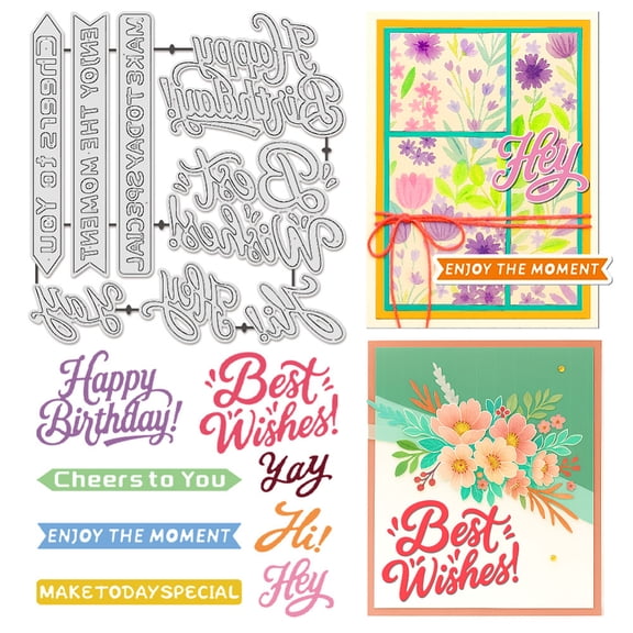 English Words Metal Cutting Dies for Card Making Blessing Words Metal Die Cuts Carbon Steel Embossing Template Scrapbooking Template Dies for DIY Wedding Birthday Photo Album Decor DIY