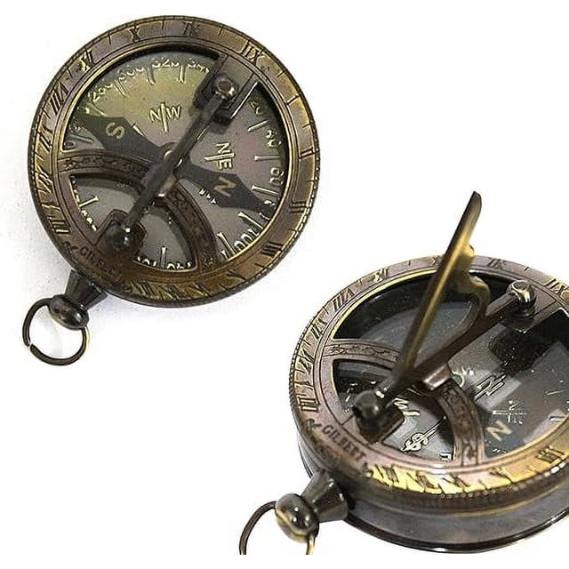 Engravable Brass & Glass with Magnetic Needle Compass Pocket Sundial ...