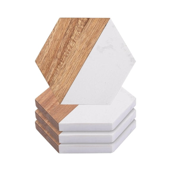 Craft Express 4 Pack Engravable Hexagonal Marble and Wood Coasters, 4" Laser-Ready