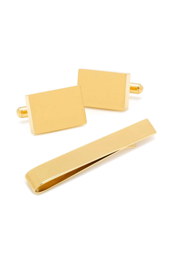 Engravable Rectangle Gold Cufflinks and Tie Bar Gift Set