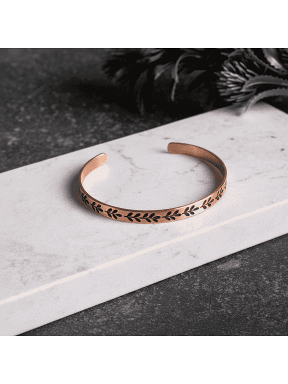 Engraved 100% Pure Solid Copper Cuff Bracelet for Women | Leaf