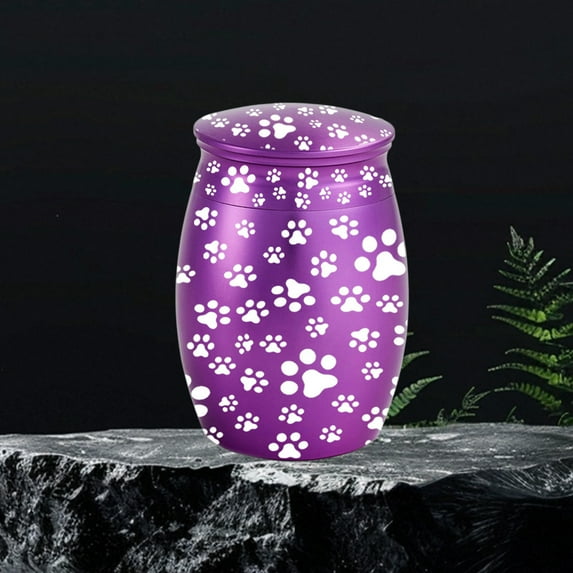 Engraved Aluminum Alloy Pet Ash Urn with Paw Print Memorial Keepsake for Small Animals Cats Secure Seal Velvet Bag Included(Purple)