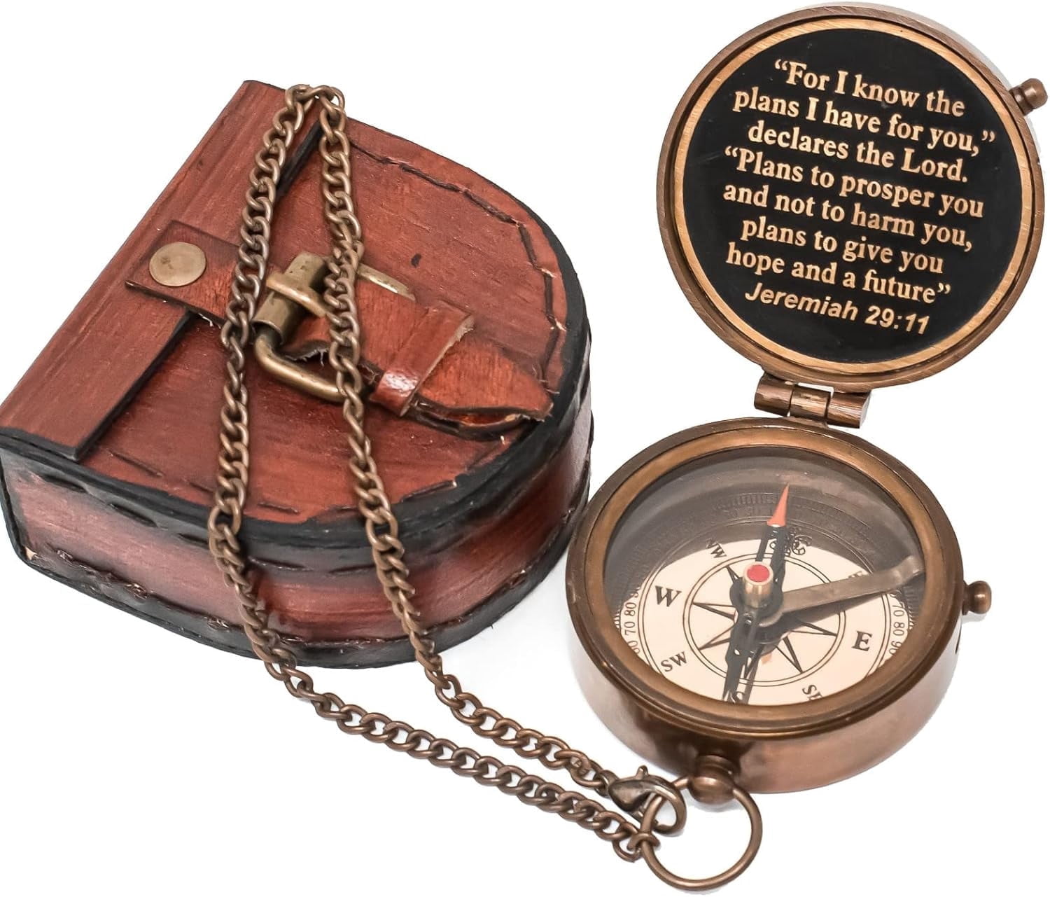 Engraved Antique Brass Compass with Leather Case – Jeremiah 29:11 Bible Verse “For I Know the Plans” Religious Gift for Son, Dad, or Loved Ones, Inspirational Christian Keepsake