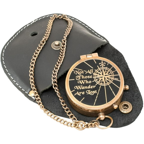Engraved Antique Brass Compass with Leather Case Not All Those Who Wander Are Lost Inspirational Quote Compass Gift for Travelers, Adventurers & Graduates