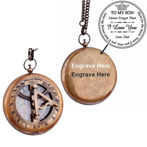 Engraved Antique Brass Sundial Compass with Chain - Personalized Handcrafted Pocket Compass - Custom Nautical Keepsake Gift for Son, Graduation, Anniversary, or Wedding