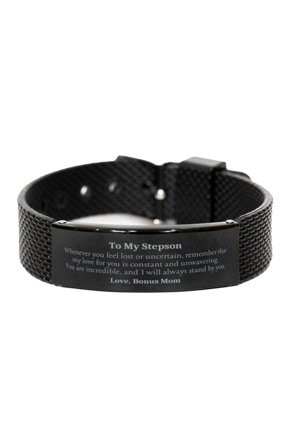 Engraved Black Shark Mesh Bracelet for Stepson - My Constant Love and Support, Perfect Graduation Gift for Stepson, Bonus Mom Inspirational Bracelet