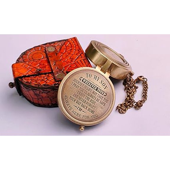 Engraved Brass Compass, Antique Nautical Vintage Directional Magnetic Compass, with Famous Scripture Quote, Baptism Gifts with Leather Case