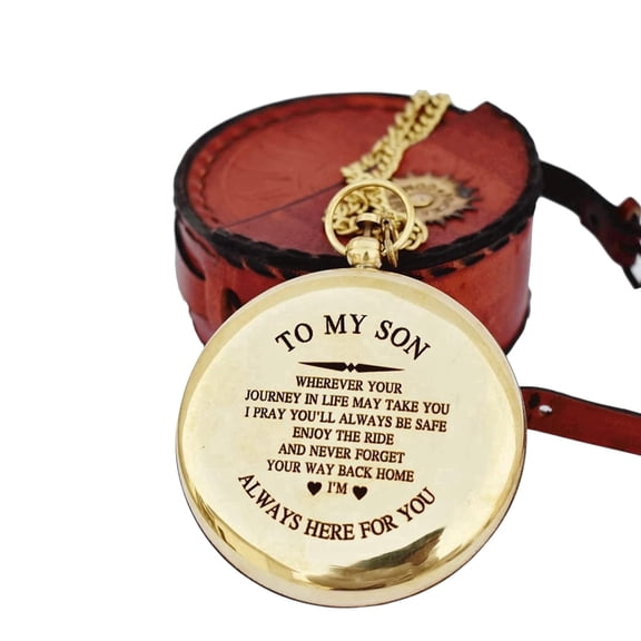 Engraved Brass Compass Gift - Personalized Graduation & Birthday Gift for Him - Style Nautical Pocket Compass with Leather Case - Heartfelt "Never Forget Your Way Back Home"