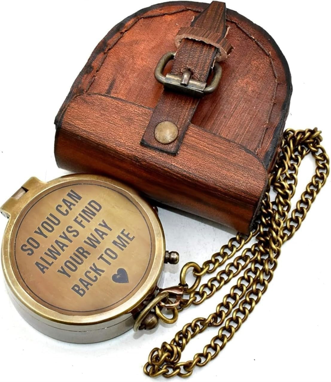 Engraved Brass Compass With Premium Leather Case & Chain - Brass Pocket Compass - Personalized Compass Gift For Hiking,Husband, Him, Her,Son, Graduation Day