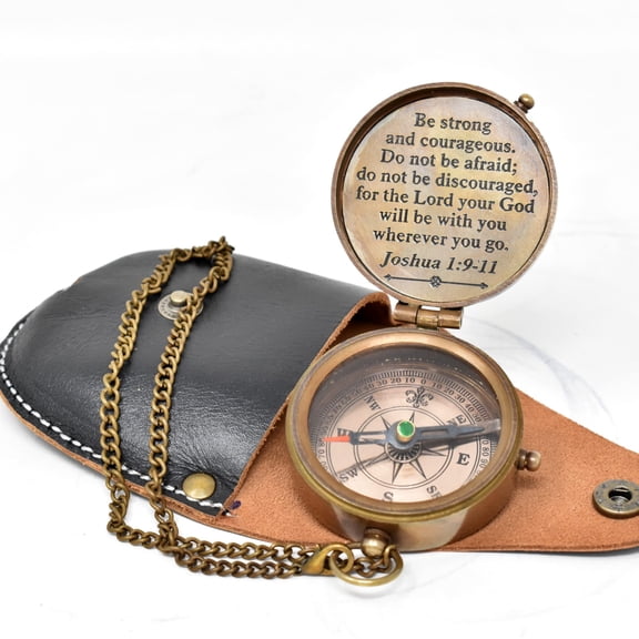 Engraved Brass Compass With Scripture And GOD Cross 2.5x2x0.8 Inches Brown Leather Case