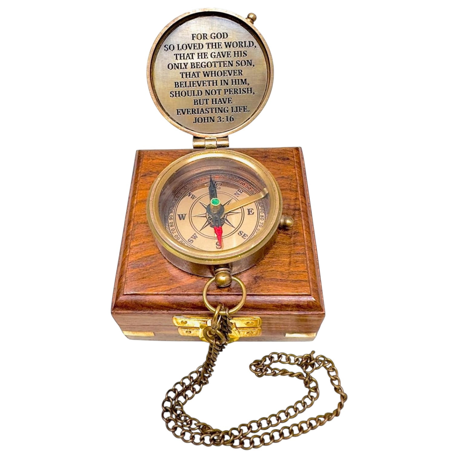 Engraved Brass Compass with Wooden Display Box – John 3:16 Bible Verse Religious Gift – Antique Style Nautical Pocket Compass for Baptism, Confirmation, or Missionary Gift