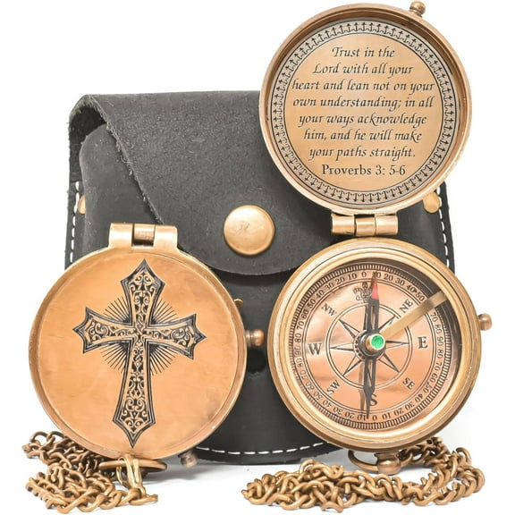 Engraved Brass Compass with Cross & Scripture Trust in the Lord Proverbs 3:5-6 Religious Gift, Baptism & Confirmation Keepsake with Leather Case