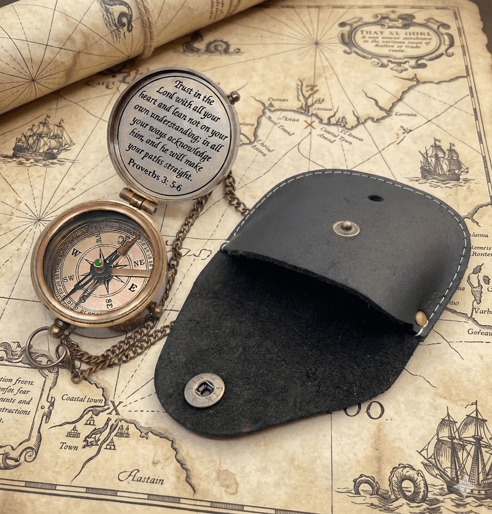Engraved Brass Pocket Compass with Leather Case - Proverbs 3:5-6 Scripture Religious Gift - Working Nautical Compass for Men, Boys, Baptism, Confirmation, Graduation - Christian Keepsake