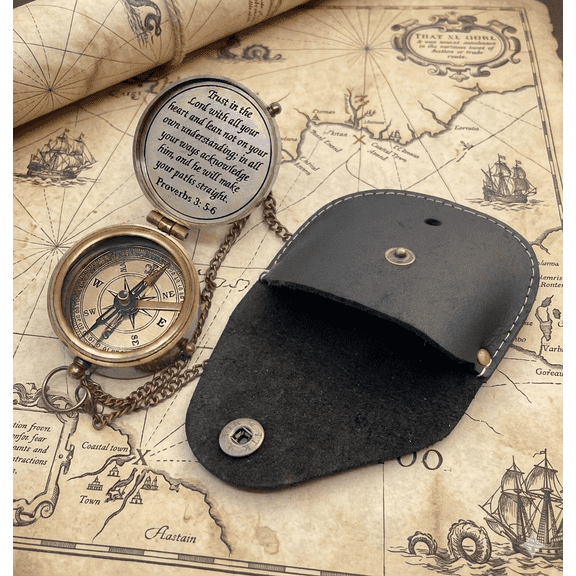 Engraved Brass Pocket Compass with Leather Case - Proverbs 3:5-6 Scripture Religious Gift - Working Nautical Compass for Men, Boys, Baptism, Confirmation, Graduation - Christian Keepsake