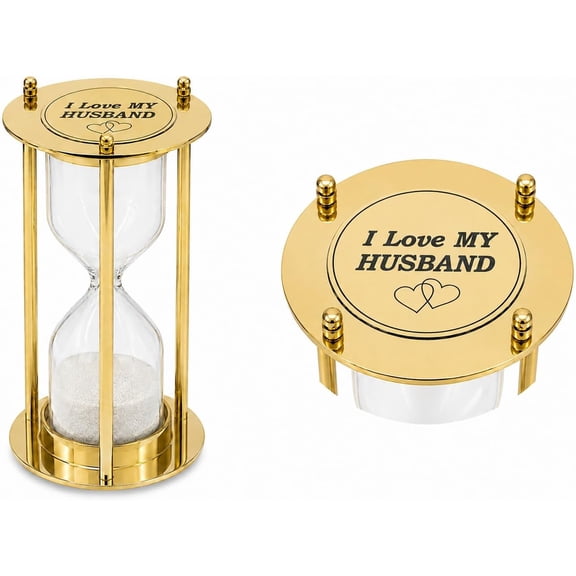 Engraved Brass Sand Timer Hourglass Vintage Decorative Timer with Glass & Metal Frame Elegant Desk, Home & Office Dcor Gift for Anniversary, Wedding, Valentines Day (I Love My Husband, 6")