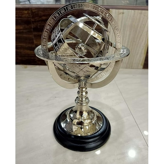 Engraved Brass Tabletop Armillary Nautical Sphere World Globe With Base Table Decor Gift (Silver Finish, 8 Inches) Rustic Vintage Home Decor Gifts