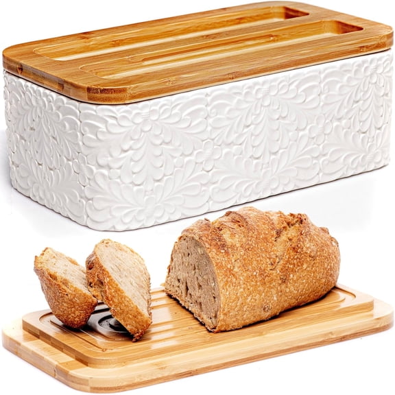 Engraved Ceramic Bread Box for Kitchen Countertop - Multipurpose Storage Container with Thick Bamboo Cutting Board Lid Elegant Bin Nature-Inspired Engraving 13.8" x 7.9" 5"