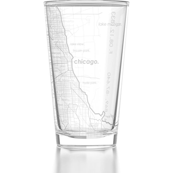 Engraved Chicago Illinois Map Pint Glass, Etched Beer Gift (16 oz, Clear) City Map Pint, Custom City Glassware, Gifts For Beer Lovers