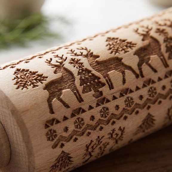 Engraved Christmas Rolling Pin, Style B, Wooden Embossed Baking Roller for Cookies, Dough, Fondant, Holiday Desserts and Kitchen Crafts