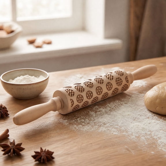Engraved Christmas Rolling Pin, Style D, Wooden Embossed Baking Roller for Cookies, Dough, Fondant, Holiday Desserts and Kitchen Crafts