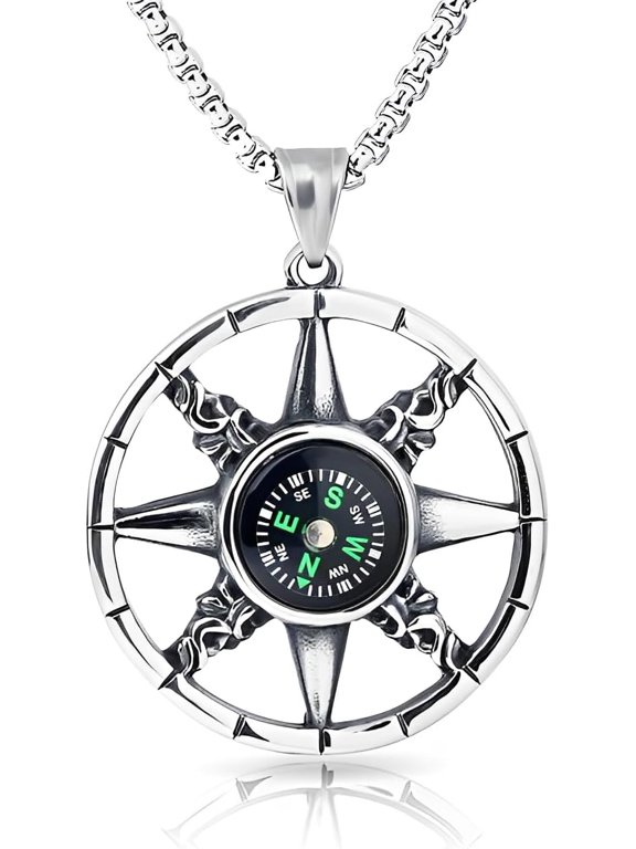 Engraved Compass Necklace for Men Women- Stainless Steel Outdoor Travel Pendant with 60cm Chain, Hypoallergenic Durable Jewellery Gift for Camping & Hiking
