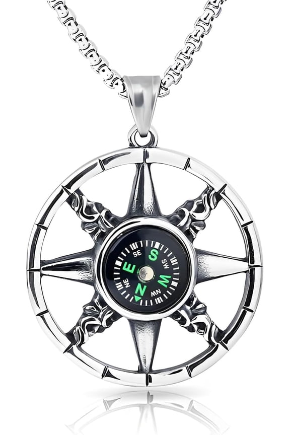 Engraved Compass Necklace for Men Women- Stainless Steel Outdoor Travel Pendant with 60cm Chain, Hypoallergenic Durable Jewellery Gift for Camping & Hiking