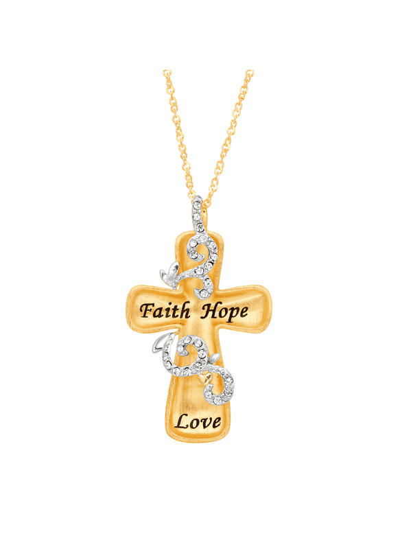 Engraved Concave Cross Pendant Necklace with Swarovski Crystals in 18kt Gold-Plated Sterling Silver