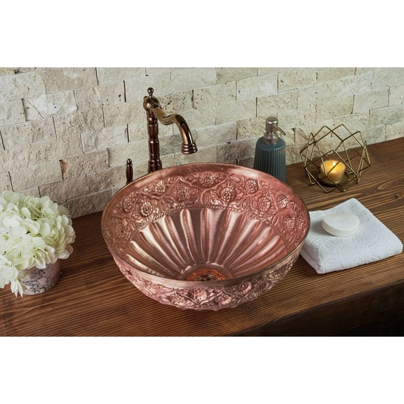 100% Solid Engraved Copper Vessel Sink with Floral Design | Handmade Artistic Vanity Bowl for Bathroom & Kitchen | Decorative Hammered Copper Wash Basin | Durable, Easy to Clean & Eco-Friendly