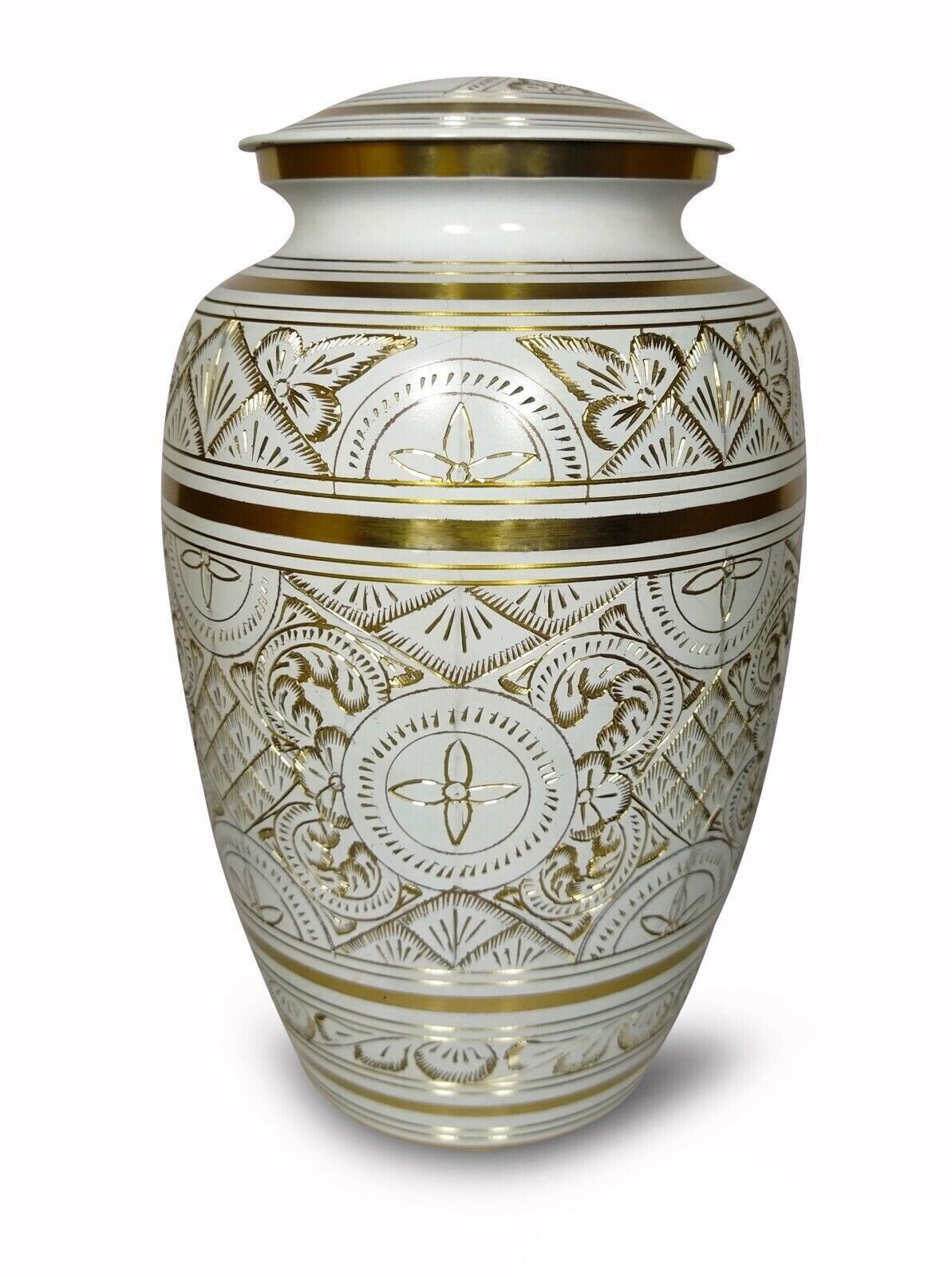 Engraved Cremation Urn White And Gold Funeral Burial Urn For Human And Pet Ashes Large size adult urn with velvet bag