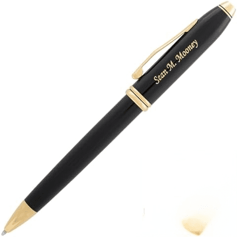 Engraved Cross Pen | Personalized Cross Townsend Ballpoint Pen with Black Lacquer Finish and 23 karat Gold Appointments. Custom Executive Gift Pen.$$Office