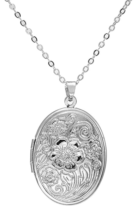 Engraved Flower Empaistic Geometric Photo Locket Necklace Gold Silver Plated Vintage Antiqued Carved Pattern Oval Round Hold Pictures Pendant Necklace for Men Women Souvenir Memorial Jewelry Gifts