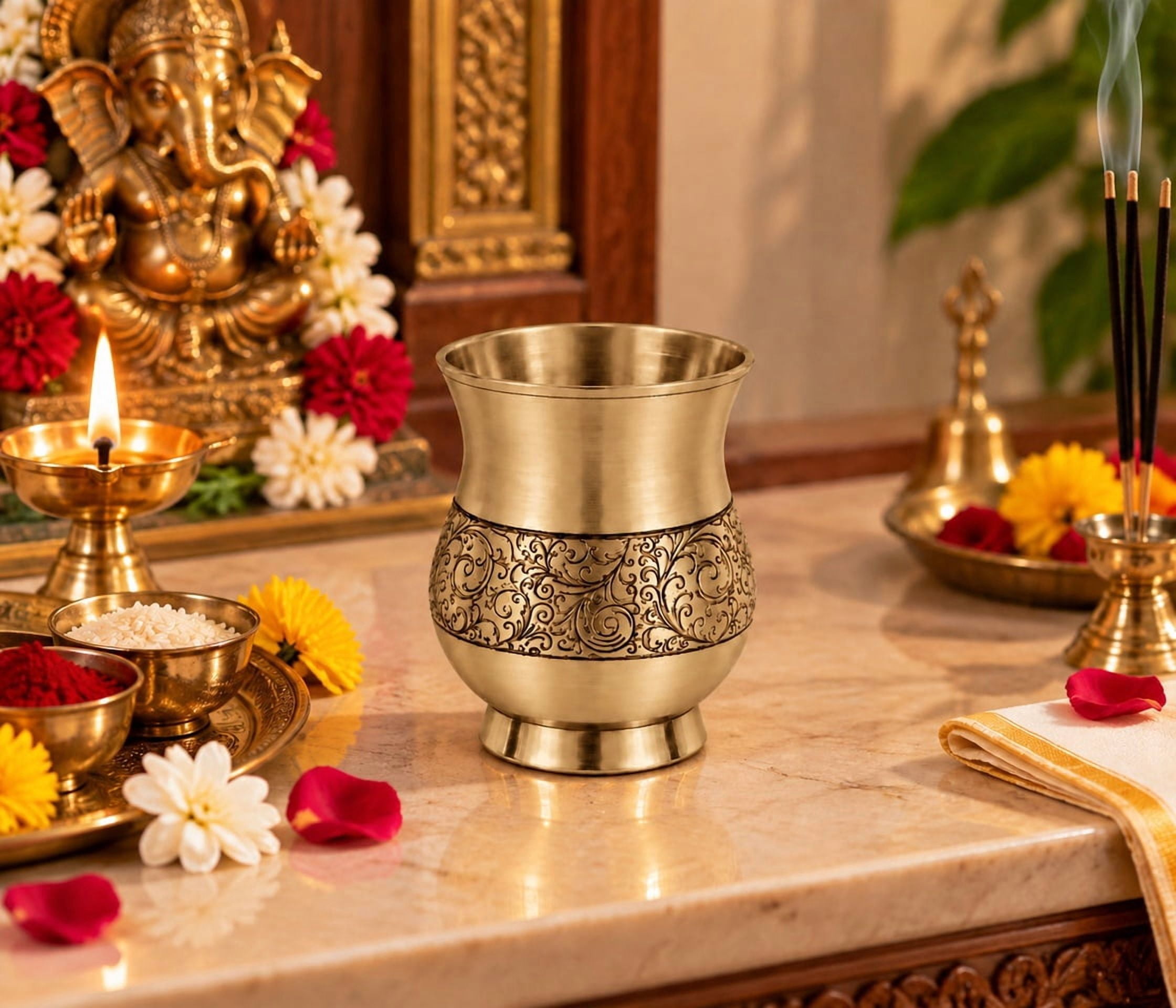 Engraved Metal Designs Engraved Golden Metal Tumbler, Floral Design Water Glass for Home ...