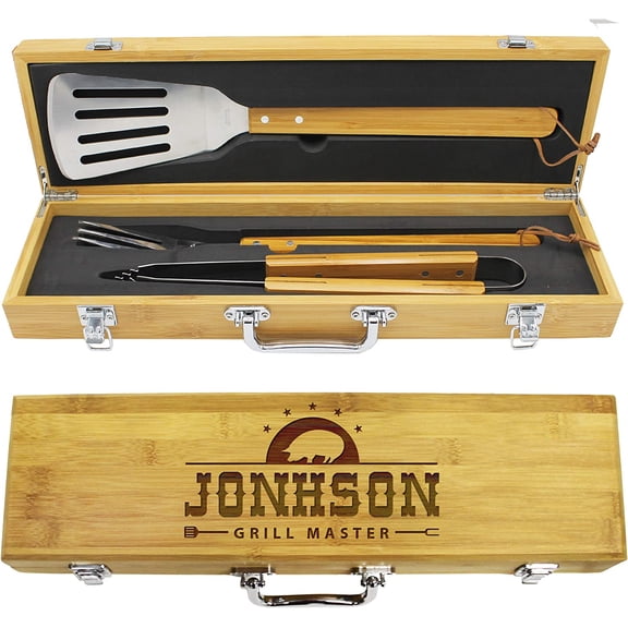 Engraved Grill BBQ Gifts Set - Custom Barbecue Personalized Grilling Set with Tools (Bamboo Wood Laser Engraved)