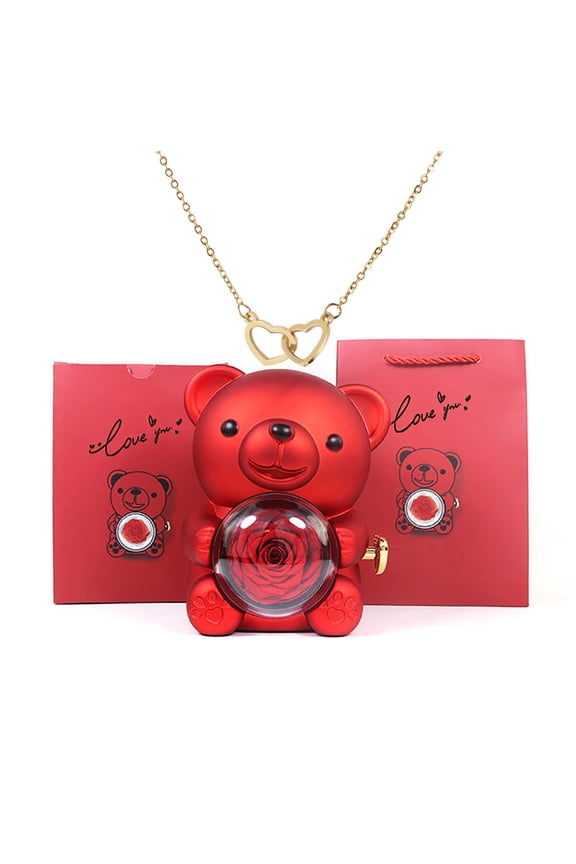 Engraved Heart Necklace with Real Rose Bear Giftbox, Preserved Rose Hug Bear Gifts for Women with Heart Necklace Gifts for Woman Christmas Valentines Day Birthday