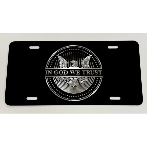 Engraved IN GOD WE TRUST US Car Tag Diamond Etched Black Metal License Plate