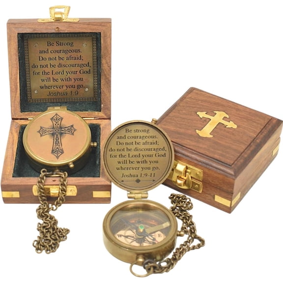 Engraved Joshua 1:9 Religious Brass Compass with Cross Inlaid Wooden Box, Bible Verse Inspirational Gift for Men, Women, Baptism, and Confirmation