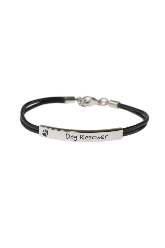 Engraved Leather "Dog Rescuer" Bracelet with Paw Print - Gift for Dog Lovers