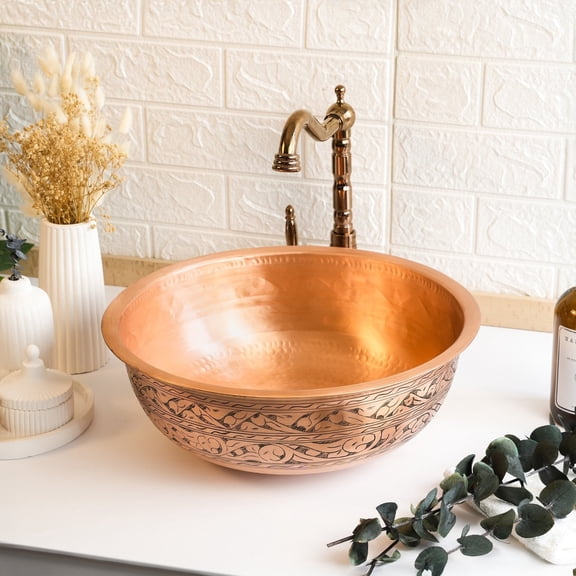 12" Hand Engraved Hammered 100% Solid Copper Kitchen & Bathroom Vessel Sink Bowl – Countertop Basin for Vanity & Powder Room | Eco-Friendly Rustic Copper Sink