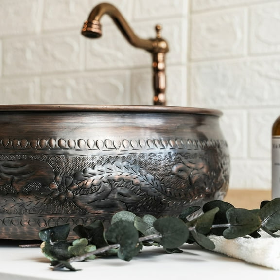 12" Hand Engraved Hammered 100% Solid Copper Kitchen & Bathroom Vessel Sink Bowl – Countertop Basin for Vanity & Powder Room | Eco-Friendly Rustic Copper Sink