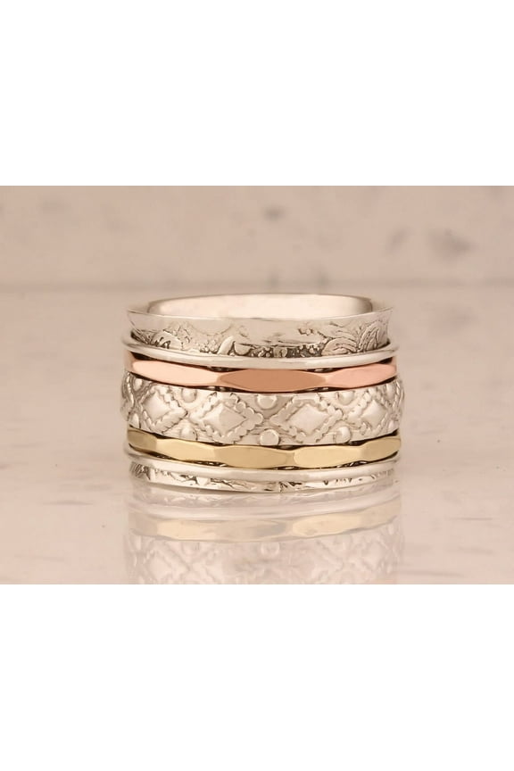 Engraved Mixed Metal Spinner Ring – Handmade Three-Tone Sterling Silver Meditation Ring, 925 Silver Anxiety Fidget Band for Women & Men, Stress-Relief Thumb Ring Ring Size- 9