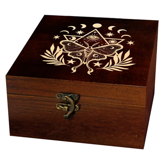 Engraved Pine Wood Tarot Box for Cards Holder Square Insects 120x120x60mm