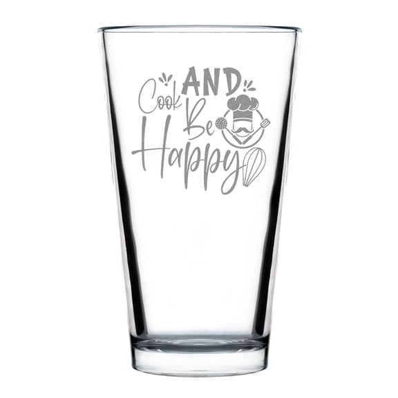 Engraved Pint Glass, Hand Etched 16oz Beer Glass, Cook And Be Happy, Kitchen Decor, Chef Gift, Unique Drinkware, Perfect for Chefs, Home Bar