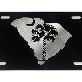 Engraved SC South Carolina State Palmetto Palm Tree License Plate Car Tag Diamond Etched on Black Aluminum Metal Weatherproof & Rustproof