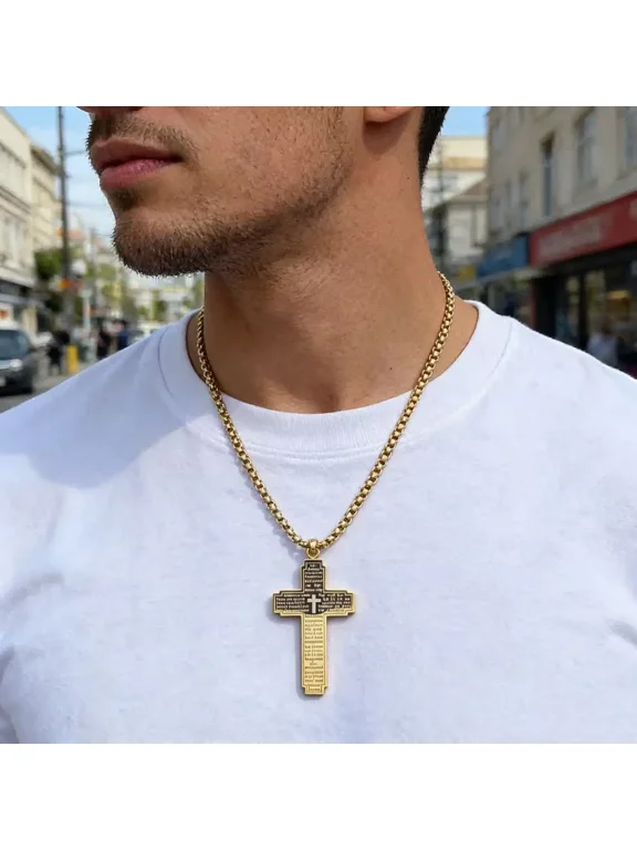 Engraved Scripture Cross Pendant Necklace for Men Women, 14K Gold Filled Upscale Everyday Jewelry