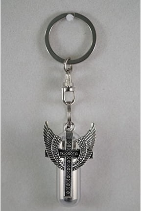 Engraved Silver Cremation Urn Keepsake - Large Winged Cross - on Swivel Stainless Steel Keychain