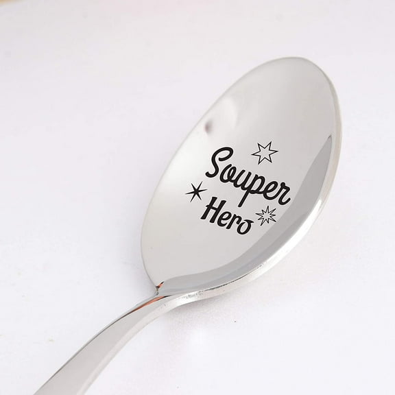 Engraved Spoon - Fathers Day Gift from Daughter / Son / Husband | Funny Soup Lover Birthday Gift For Him | Christmas Gift for Dad | Souper Hero Daddy Gift | Stainless Steel Spoon Gift - 7 Inch