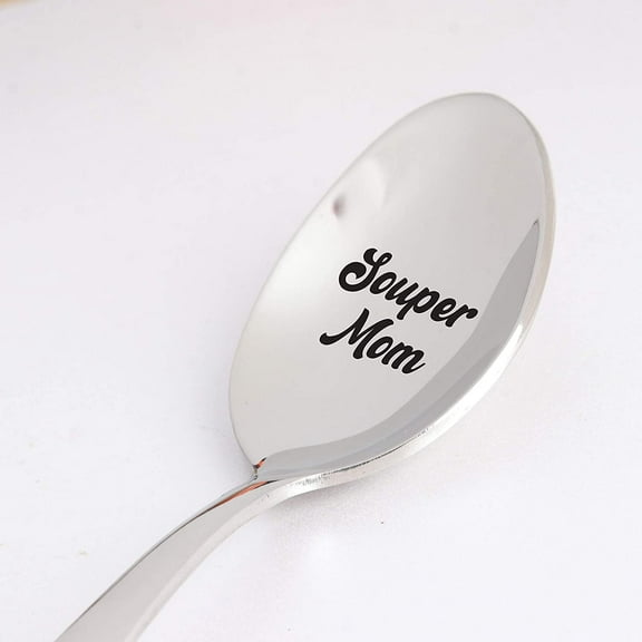 Engraved Spoon - Mothers Day Gift from Daughter / Son / Husband | Funny Christmas Gift for Mom | Funny Appreciation Soup Lover Birthday Gift for Her | Souper Mom Stainless Steel Spoon Gift - 7 Inch