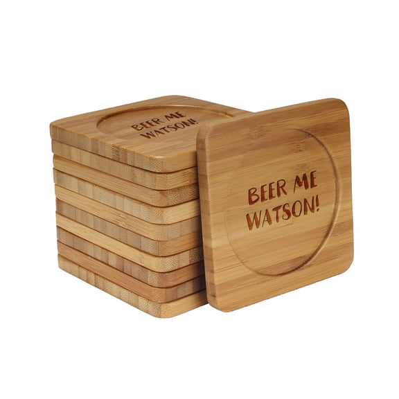 BambooMN - Laser Engraved Coasters - Beer/Wine Themed - Square - Beer Me Watson! - 4 Units
